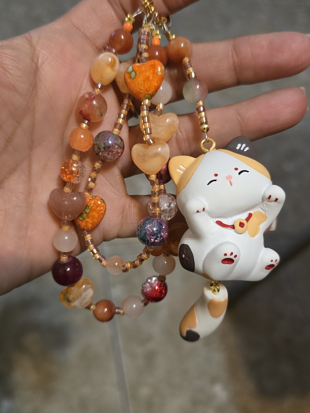 Cute Calico Maneki Neko Beaded Phone Charm - Orange & White